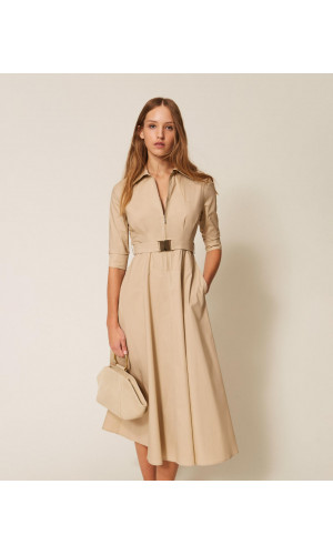 Vestido largo de popelina con cinturón