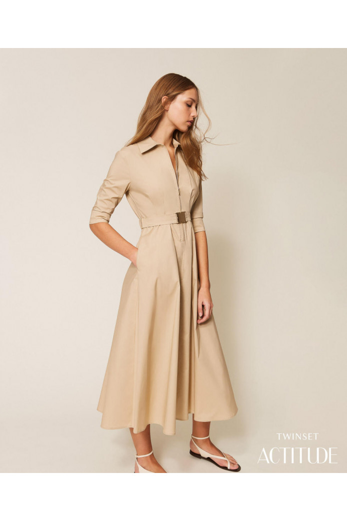 Vestido largo de popelina con cinturón