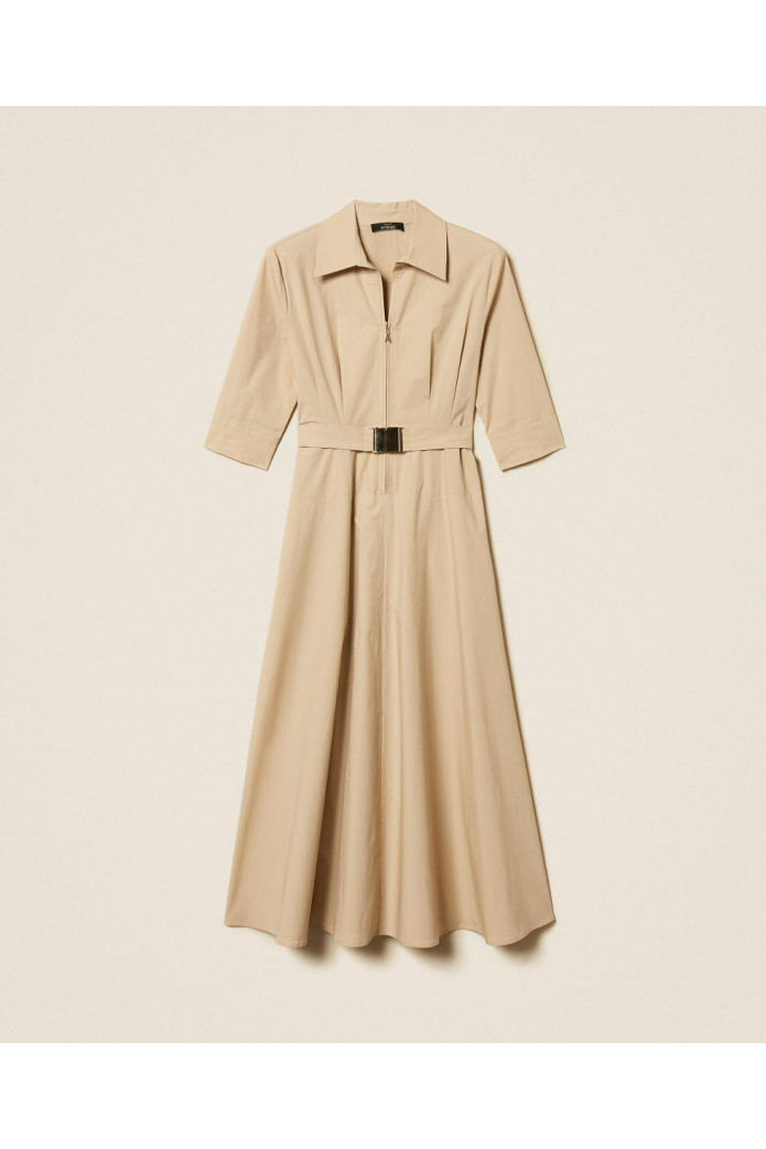 Vestido largo de popelina con cinturón